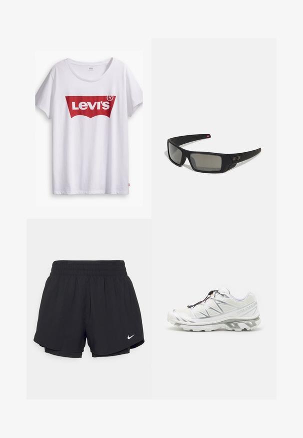 Balta medvilninė marškinėliai su ryškiu raudonu Levi's logotipu raudonos etikės formoje. Trumpomis rankovėmis ir apvalia iškirpte, laisvas kirpimas.; Juodi sportiniai šortai su susiūtu elastingu juosmeniu, vidiniu pamušalu ir baltu „Nike“ logotipu apatiniame kairiajame kampe. Lygus, lengvas audinys.; Baltas sportinis batelis su tekstūruotu viršumi, atspindinčiais akcentais ir pilka pado spalva. Yra ryškiai akcentuoti trikampiai raštai ir greito užrišimo sistema.; Juodi akiniai saulės su matinio paviršiaus užbaigimu, stačiakampiai lęšiai, švelnus lenkimas ant šventyklų, subtilus logotipo detalizavimas ir dūminiai lęšiai.