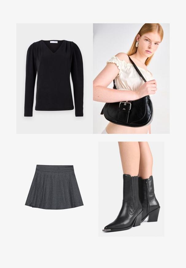 Schwarzes Langarmoberteil mit V-Ausschnitt, das mit gerafften Schulterdetails und einer schmalen Passform versehen ist. Hergestellt aus einem weichen, strukturierten Stoff.; Grau gestreifter Skaterrock mit einem taillierten Bund, ausgestellter A-Linie und weichem Stoffmaterial. Vertikale Linien erhöhen das visuelle Interesse.; Schwarze Leder-Cowboy-Stiefel bis zur Mitte der Wade mit spitzen Zehen, gestapelten Absätzen, seitlichem Reißverschluss und dekorativen Nähten, getragen auf nackten Beinen.; Schwarze Schultertasche aus Leder mit einer geschwungenen Form, polierten silbernen Beschlägen und einem abnehmbaren Anhänger. Glatte Textur mit dezenten Steppnähten.; Silberne Creolen mit einer glatten, polierten Oberfläche. Runde Form mit einem leicht geschwungenen Design und abgerundeten Kanten. Sicherheitsverschluss.