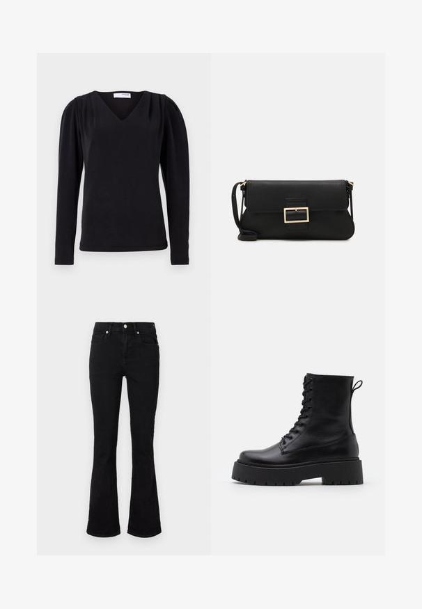 Must mustriga V-kaelusega top, millel on kokkuvõetud õlavarredetailid ja peen sobivus. Valmistatud pehmest, tekstureeritud kangast.; Mustad flared teksasaapad, millel on keskmise tõusuga vöökoht, eesmine taskud ja nupplikuga kinnistus. Sile tekstuur minimaalse õmbluste detailidega.; Mustad mustad nahast pahkluu saapad ümarate varvastega, nööridega esiosas ja paksu kummist talla ning tekstuuritud mustriga. Tagumine tõmbeaas.; Must haben musta nahkklahviga kott, millel on klapp ja kuldne metallist pandla detail. Kaasas must rihm ja stiilne, minimalistlik disain.