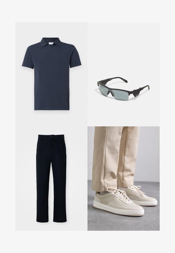 Tengerészkék póló, 100%-os pamutból készült, klasszikus gallérral, rövid ujjakkal és egyenes alsó szegéllyel, minimális dizájnnal.; Sötétkék pamut nadrág, egyenes szárú fazonnal, elülső gombos záródással és klasszikus derékkal, övhurkokkal.; Beige sportcipők textúrált felsőrésszel, fehér talpakkal és varrott részletekkel, bézs nadrággal párosítva, szürke felületen bemutatva.; Fekete sport napszemüveg szürke árnyalatú lencsékkel, szögletes kerettel, megerősített sarkokkal és állítható orrnyereggel a biztonságos illeszkedés érdekében.