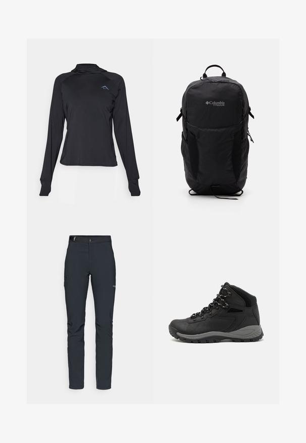 Musta pitkähihainen urheilupaita korkealla kauluksella, jossa on vartalonmyötäinen leikkaus ja rintakehällä logo. Sileä, kevyt kangas.; Miestne vonkajšie nohavice, tmavo šedé, vyrobené z flexibilného materiálu, s opaskom, zipsovými vreckami a zosilneným šitím.; Musta vaelluskenkä, jossa on puolivartinen muotoilu, jolle on ominaista teksturoitu päällinen, harmaat yksityiskohdat ja kestävä kumipohja, jossa on pitoita lisääviä lukuja.; Musta Columbia Titanium -reppu, jossa on sileä kangas, sivutaskut, yläkahva ja säädettävät hihnat. Minimalistinen muotoilu, jossa on huomaamaton brändäys.