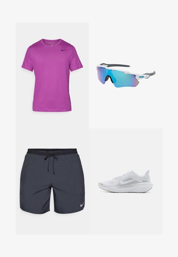 Purpurni kratki rokav majica iz mehkega materiala. Ima okrogel izrez in črni logotip Nike na zgornji levi strani.; Nike tekaški kratki hlače v temno sivi barvi, z elastičnim pasom in vrvico za zategovanje ter srebrnim logotipom na spodnjem desnem delu noge.; Bela atletska copata z mrežasto zgornjo plastjo, gladkimi teksturiranimi dodatki, sivi poudarki, vezalkami in blaženim podplatom, zasnovana za zmogljivost.; Sončne očala z belim okvirjem, sivi detajli in modrimi zrcalnimi lečami. Športna zasnova, ovitek oblike in nastavljivi nosni blazinici.