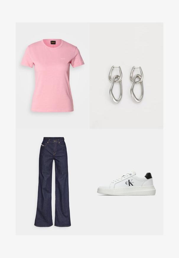 Rosa T-skjorte laget av mykt stoff med rund hals og korte ermer. Har et diskret hvitt "BOSS"-logo på brystet.; Mørkeblå vide jeans i denim med høy midje, med oransje sømmer, fem-lomme-design og knappelukking.; Hvite lavsko med svart hæltab, plattformsåle, snøringer og Calvin Klein "CK" logo på siden.; Calvin Klein STATEMENT LINKS - Øredobber - silver-coloured