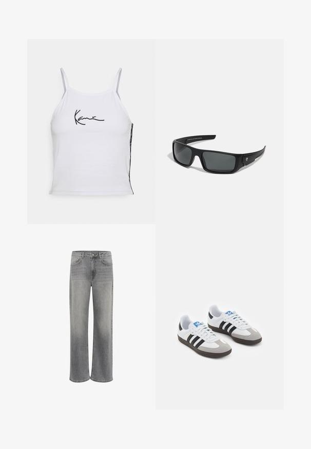 Bílý bezramínkový crop top vyrobený z bavlny, s vyšitým černým textem. Boční panel ukazuje látku s vzorem, což dodává texturu.; Široké denimové džíny v šedé barvě, s vysokým pasem, pěti kapsami, zapínáním na přední knoflík a jemným vyblednutím látky.; Sportovní boty s bílým koženým svrškem, šedou semišovou špičkou a třemi černými pruhy. Obsahují modré logo na jazyku a texturovanou gumovou podrážku.; Černé sluneční brýle s obdélníkovým rámem, tmavě šedými skly a hladkým plastovým povrchem. Výrazný logotyp na boku.; Černá nylonová kabelka přes rameno s obvyklým tvarem, stříbrným řetízkem, oddělitelnou mini taškou a nastavitelým popruhem; obsahuje logo "Steve Madden".