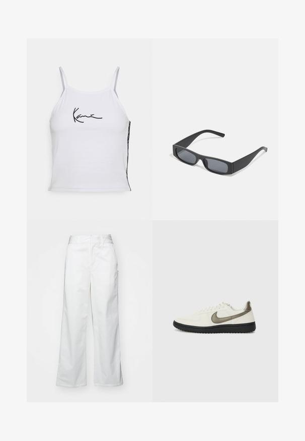 Hvid ærmeløs crop top lavet af bomuld, med sort broderet tekst. Sidepanel viser et mønstret stof, der tilføjer tekstur.; Hvide brede bukser lavet af bomuld, med en glat overflade, lige pasform, forlommer og en ren kant.; Nike Sportswear FIELD GENERAL - Sneakers - off-white/black; Sorte rektangulære solbriller med mørke linser og tykke matte stel. Armen er let tilspidset med en glat overflade.