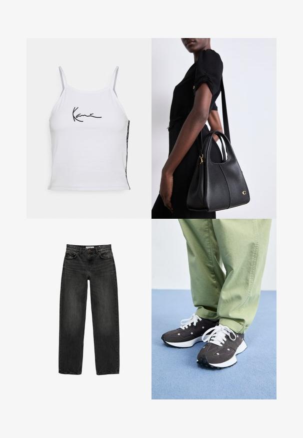 Weißes ärmelloses Crop-Top aus Baumwolle mit schwarzem gesticktem Text. Die Seitenpartie präsentiert einen gemusterten Stoff, der für zusätzliche Textur sorgt.; Schwarze Jeans aus Denim mit lockerer Passform, geradem Bein, fünf Taschen-Design und einer leicht gewaschenen Textur. Knopf- und Reißverschluss vorne.; Dunkelgraue Sneaker mit weißen Schnürsenkeln und floralen Akzenten, mit einer dicken weißen Sohle und strukturiertem Material. Getragen mit hellgrünen Hosen.; Schwarze Ledertasche in Hobo-Form mit glatter Textur, abgerundetem Oberteil und goldenen Hardware-Akzenten.