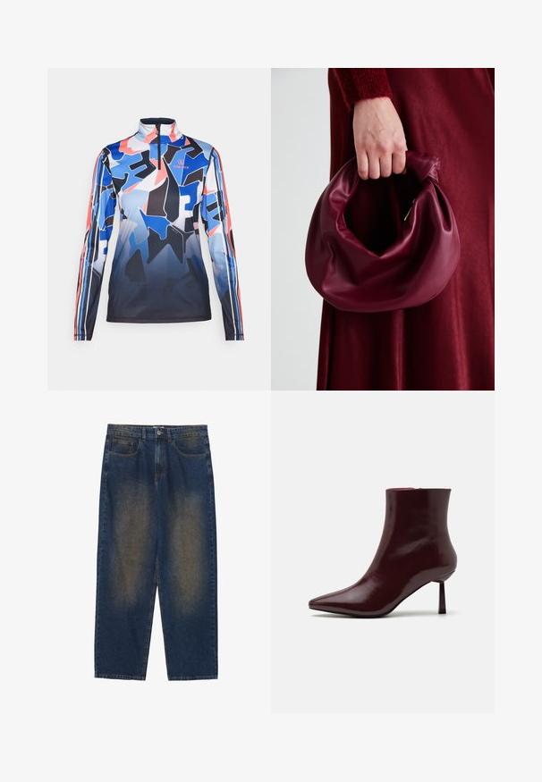 Bogner Fire + Ice Tops ar garām piedurknēm - multicolor; Zilā džinsā ar brīvu piegriezumu, vidējas mazgāšanas, piecām kabatām, pogu aizdari un nedaudz izbalinātām vietām priekšpusē.; Burgundijas lakota ādas potīšu zābaciņi ar smailu purngalu un šauru stiletto papēdi, kas izceļas ar gludu, spīdīgu tekstūru un minimālistisku dizainu.; Burgundijas ādas rokassoma ar mīkstu, sakrautu dizainu un apaļu formu. Rokturi ir nostiprināti, parādot gludu tekstūru.