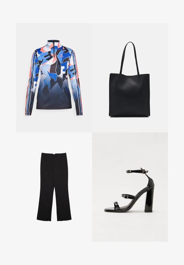 Bogner Fire + Ice - Bluzka z długim rękawem; Czarne spodnie o prostym kroju, z przednimi kieszeniami i bocznymi rozcięciami na dole. Wykonane z miękkiego, gładkiego materiału. Odpowiednie na różne okazje.; Czarne lakierowane sandały na obcasie z kwadratowym noskiem, z paskami wokół kostki i srebrnymi klamrami. Posiadają masywny słupek dla stabilności.; Czarna skórzana torba tote o gładkiej fakturze, prostokątnym kształcie i dwóch długich uchwytach. Brak widocznych elementów metalowych i ozdób.