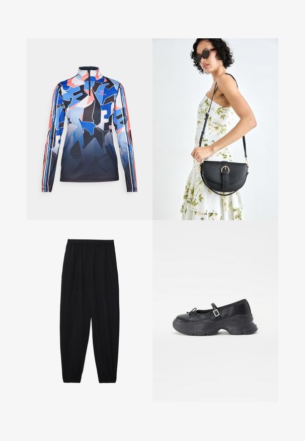 Bogner Fire + Ice Langarmshirt - multicolor; Schwarze, leichte Hosen mit einem elastischen Bund und gerafften Knöcheln. Der Stoff ist glatt und hat ein entspanntes, schmal zulaufendes Design.; Schwarze Leder-Mary-Jane-Schuhe mit einer abgerundeten Zehenpartie, Schleifendetail und verstellbarem Knöchelriemen. Mit einer stabilen Gummisohle mit geschwungenen Akzenten.; Schwarze Lederhandtasche mit geschwungener Form, abnehmbarem Tragegurt und goldenen Beschlägen. Die Tasche verfügt über einen Deckel mit einer Schnallen-Details.