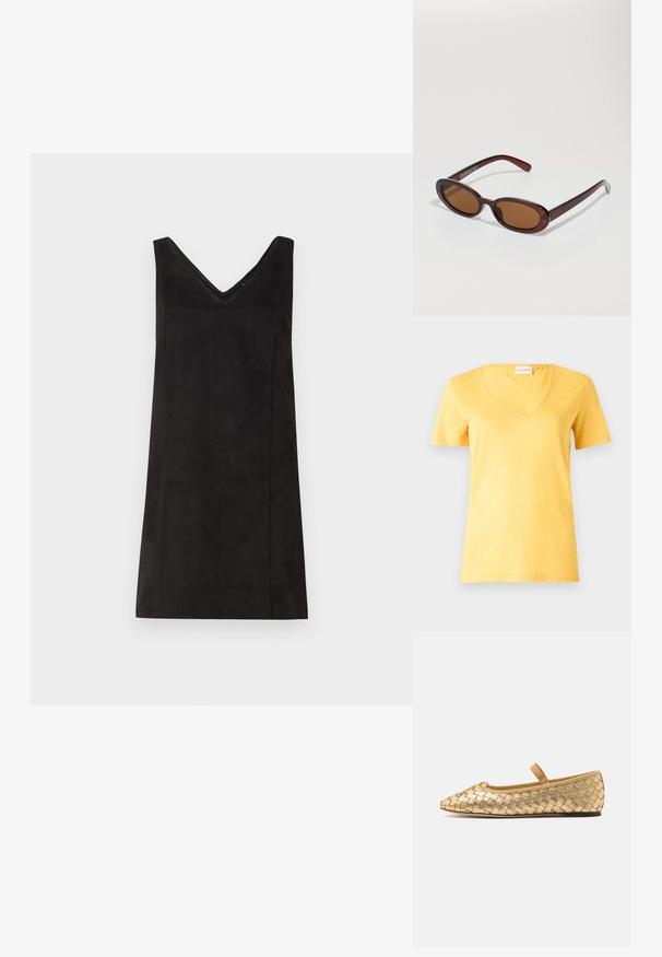 Dzeltena īsām piedurknēm V veida kakla T-kreklā, izgatavota no viegla, nedaudz teksturēta auduma. Iezīmē brīvu piegriezumu un šūtu apakšmalu.; Melna bezdiega kleita ar V-veida kakla izgriezumu, izgatavota no mīkstas auduma, ar taisnu piegriezumu un minimālu detaļu skaitu. Gluda tekstūra.; Loeffler Randall LEONIE SOFT BALLET FLAT - Baletkurpes ar siksniņu ap potīti - gold; Apaļas, brūnīgi nokrāsotas saulesbrilles ar spīdīgu bordo rāmīti. Šauri kāti ar diskrētu zīmola detaļu. Plakana objektīva dizains.; Austā burgundijas ādas soma ar noapaļotu korpusu, biezu rokturi un ar rāvējslēdzēju atveramu aizvēršanu. Tai ir gluda tekstūra un pinumu raksts.