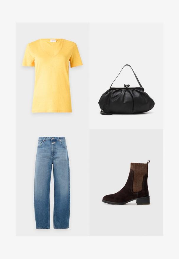 Žlté tričko s krátkym rukávom a V-výstrihom, vyrobené z ľahkej, jemne textúrovanej látky. Má voľný strih a prešitý lem.; Svetlo modré rifle, s vysokým pásom a rovnými nohavicami. Obsahuje klasický dizajn s piatimi vreckami a kovové zapínanie.; Hnedé semišové členkové topánky s textúrovaným hnedým rebrovaným pleteným zvrškom, hladkým povrchom, nízkym blokovým podpätkom a sťahovacou pútkom na päte pre ľahké obúvanie.; Čierna kožená kabelka s zaobleným, nariadeným dizajnom. Disponuje kovovým zapínaním s dvoma dekoračnými guľôčkami a tenkým, odnímateľným popruhom.