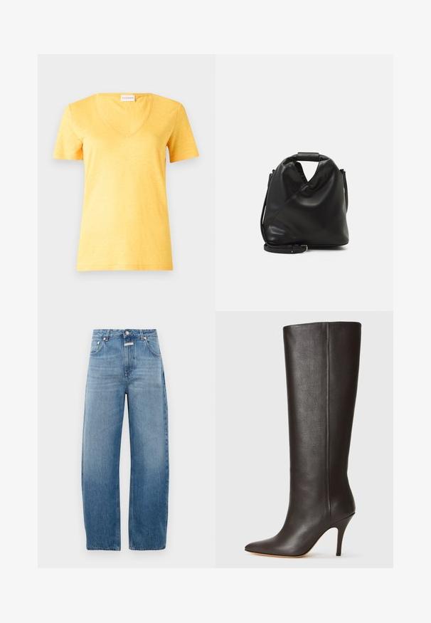 Tricou galben cu mânecă scurtă și decolteu în V, fabricat dintr-un material ușor, ușor texturat. Dispune de o croială lejeră și tiv cusut.; Jeans din denim de culoare bleu deschis, cu talie înaltă, cu croială dreaptă. Prezintă un design clasic cu cinci buzunare și închidere cu buton metalic.; Botă din piele neagră, până la genunchi, cu vârful ascuțit, design elegant și toc înalt subțire. Textură netedă și detalii minime.; Geantă din piele moale, neagră, cu un design unic, răsucit. Dispune de o mânere scurtă și o curea de umăr detașabilă. Stil minimalist.