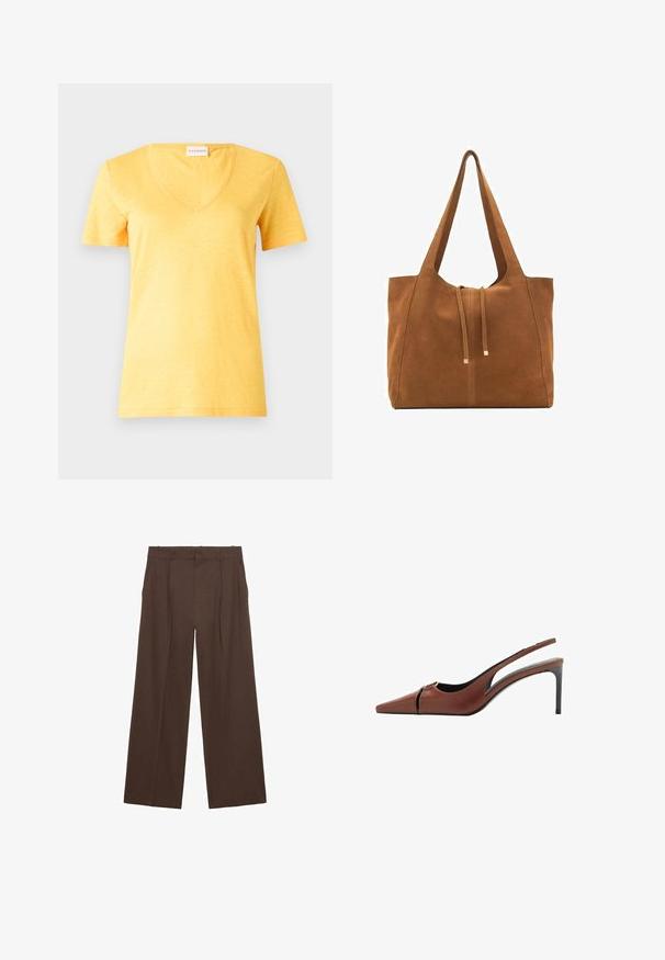 T-shirt giallo a maniche corte con scollo a V, realizzato in un tessuto leggero e leggermente testurizzato. Presenta una vestibilità comoda e orlo cucito.; Pantaloni a gamba larga marroni realizzati in un tessuto liscio, con vita alta, pieghe frontali e due tasche laterali.; Scarpa con tacco slingback in pelle marrone con punta appuntita, dettaglio a taglio sulla tomaia e un elegante tacco a stiletto. Texture liscia.; Borsa a tracolla in suede marrone con due lunghe cinghie, chiusura con cordoncino e design minimalista. Texture liscia e senza elementi hardware visibili.