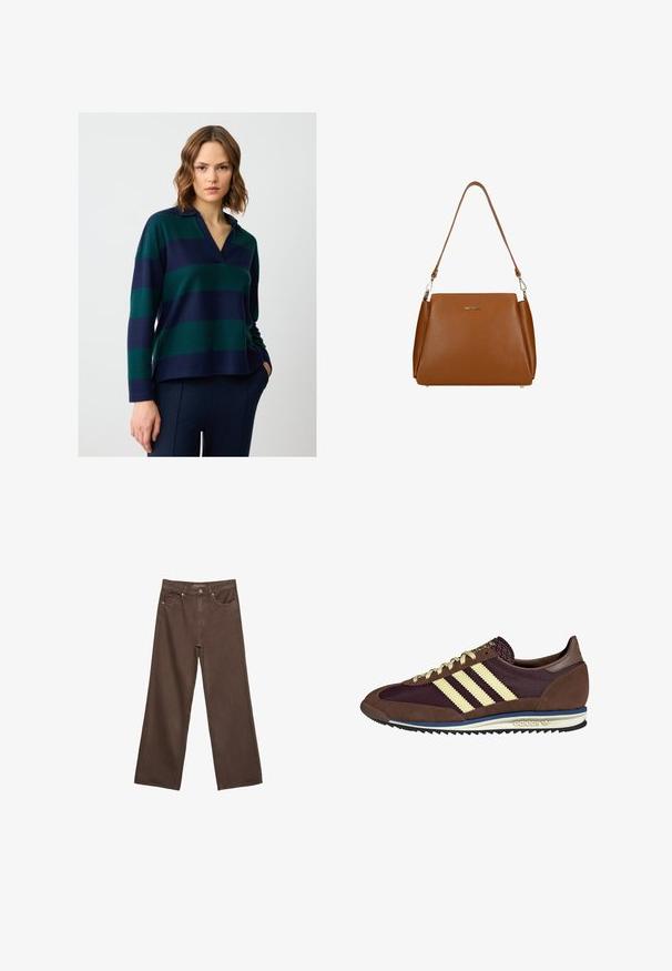 Pullover a righe con scollatura a V, caratterizzato da strisce alternate di blu scuro e verde. Realizzato in un materiale morbido con vestibilità rilassata. Maniche lunghe.; Jeans a gamba larga marroni in denim, con vita alta, tasche anteriori e chiusura a bottone classica. Tessuto liscio con cuciture sottili.; Sneaker marrone e bordeaux realizzato in materiali scamosciati e in rete, caratterizzato da tre strisce color crema, tessuto testurizzato sulla linguetta e suola in gomma.; Borsa a tracolla in pelle marrone con superficie texturizzata, una singola tracolla e un logo sottile sul davanti. Presenta un design strutturato.