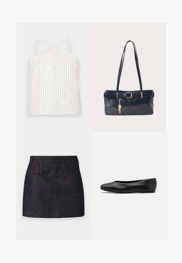 Bijela majica na naramenice s tankim crnim vertikalnim prugama. Ima halter vrat s ukrštenim trakama i ravni rub. Lagana, glatka tekstura.; Tamni traper suknja ravnog kroja, s dva prednja džepa i suptilnom teksturom. Čista rubna linija i klasičan dizajn struka.; Paul Smith TOPANGA - Balerinke - black; Morska kožna torbica s dva duga ramena, detaljem kopče i privjeskom za ključeve. Ima glatku teksturu i pravokutni oblik.