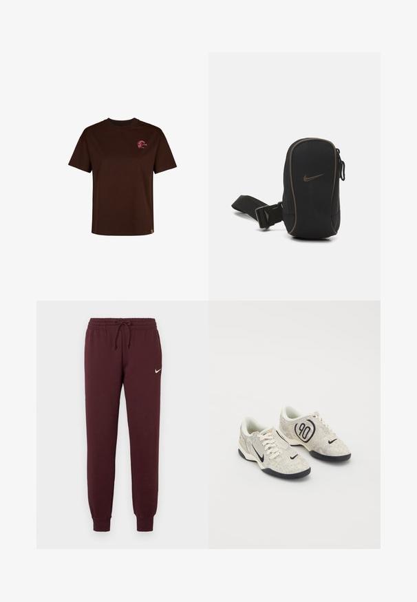 Brun bomulds T-shirt med rund halsudskæring og korte ærmer. Har et lille pink logo på brystet og en lige kant.; Bordeauxfarvede sweatpants med elastisk talje og snor. Har ribbede mansjetter og et lille hvidt Nike-logo på venstre lår. Glat tekstur.; Nike sneakers med en beige og grå tekstureret overdel, sorte accenter, et stort "90" logo og en hvid snørebåndslukning. Sort sål.; Sort Nike-pung med lynlås, struktureret stof, brune accenter og en aftagelig rem. Har et fremtrædende Nike-logo på forsiden.