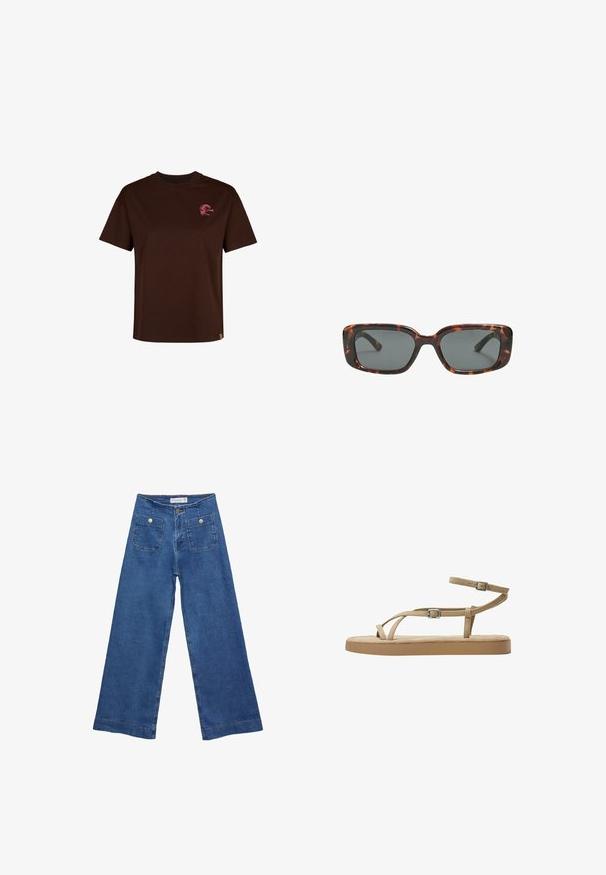 Braunes Baumwoll-T-Shirt mit Rundhalsausschnitt und kurzen Ärmeln. Mit einem kleinen rosa Logo auf der Brust und einem geraden Saum.; Denim-Hosen im weiten Schnitt mit einer mittleren blauen Waschung, zwei Vordertaschen mit Knopfverschluss und genähten Details entlang der Säume.; Beige Sandalen mit schmalen Riemen, Schnallen-Detail und gepolsterter Sohle. Die Riemen sind aus einem weichen Material gefertigt, das für Komfort und Atmungsaktivität sorgt.; Sonnenbrille im Schildpatt-Design mit rechteckigen Gläsern, dicken Rahmen und dunkelgetönten Gläsern. Glatte Textur und minimalistisches Design.