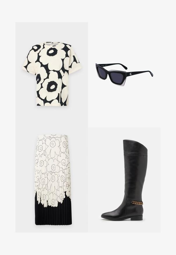 T-shirt z krótkim rękawem w kremowym kolorze, z dużym czarnym wzorem kwiatowym, okrągłym dekoltem i luźnym krojem, wykonany z miękkiego materiału bawełnianego.; Spódnica w plisy z czarno-białym wzorem kwiatowym, z jasną górną częścią z kwiatami i jednolitym czarnym dolnym brzegiem.; Wysokie czarne skórzane botki o eleganckim designie, ze spiczastym noskiem i złotym łańcuszkiem na kostce. Niski blokowy obcas. Gładka tekstura.; Czarne, oversize okulary przeciwsłoneczne o geometrycznym kształcie, z ciemnymi soczewkami i kontrastującym szarym detalem na oprawie. Logo na ramieniu.
