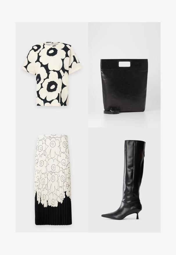 Lyhythihainen t-paita kerma värissä, jossa on suuri musta kukkakuosi, pyöreä kaula-aukko ja rento istuvuus, valmistettu pehmeästä puuvillamateriaalista.; Pleated hame ilman kukkakuviota mustavalkoisena, jossa on vaaleat kukkakuviot yläosassa ja kiinteä musta alareuna.; Mustat nahkasaappaat polvipituisina, joissa on terävä kärki ja kapea kaareva korko. Suora pinta, tiukka muotoilu eikä näkyvää hardwarea tai kuvioita.; Musta nahkainen kassi neliskulmaisella kahvalla, jossa on teksturoitu pinta ja kohokuvioitu logo. Mukana irrotettava olkahihna.