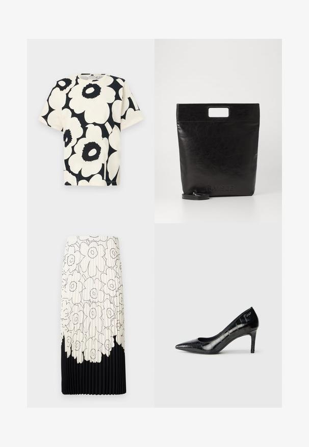 Short-sleeve t-shirt in cream with large black floral pattern, round neckline, and relaxed fit, made from soft cotton material.; Pleated skirt with a floral black and white pattern, featuring a light top half with flowers and a solid black bottom hem.; Black pointed-toe high heels with a glossy finish and subtle textured pattern. Features a moderate heel and open throat design.; Black leather tote bag with a square handle, featuring a textured finish and embossed logo. Includes a detachable strap.