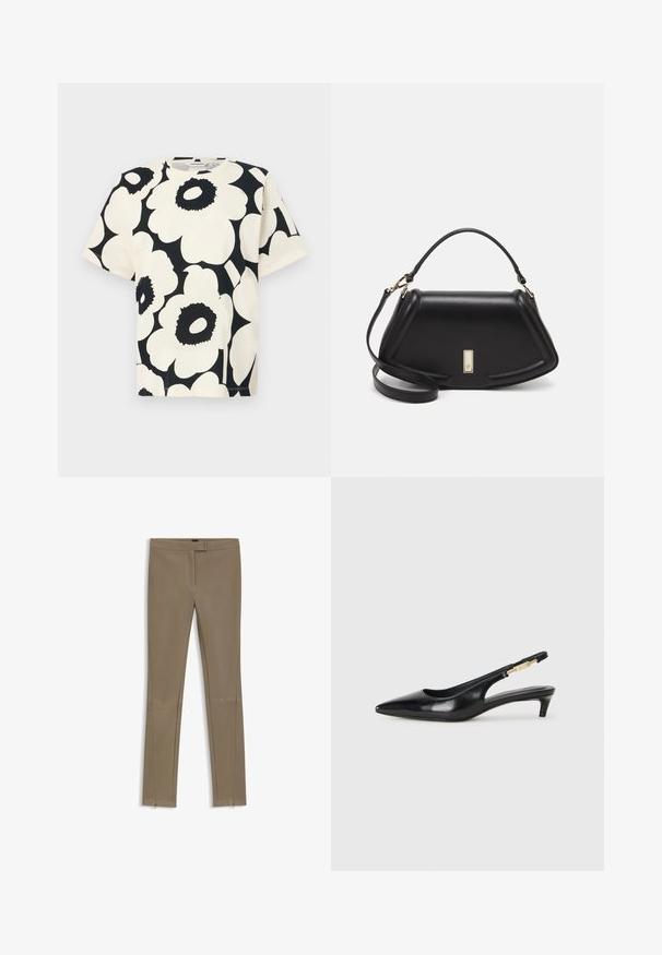 Korte mouw t-shirt in crème met groot zwart bloemenpatroon, ronde hals en relaxte pasvorm, gemaakt van zacht katoen.; Beige stretchbroek met een slanke pasvorm, met een gladde textuur, ritssluitingen op de enkels en een mid-rise tailleband.; Zwarte leren slingback hakken met een spitse neus, voorzien van een slanke hak en een goudkleurige accent op de verstelbare band. Gladde textuur.; Zwarte leren handtas met een gestructureerd ontwerp, featuring een verkorte vorm, bovenhandvat en gouden hardwareaccent. Inclusief verstelbare schouderband.