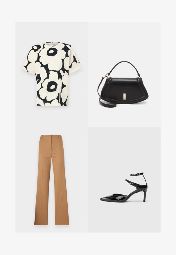Tricou cu mânecă scurtă în crem, cu un model floral mare, negru, guler rotund și croială lejeră, fabricat dintr-un material de bumbac moale.; HUGO HULANA - Pantaloni chino - open brown; Cizme cu toc din piele lacuită neagră, cu vârf ascuțit, curele reglabile la gleznă și un toc subțire. Textură netedă cu un finisaj lucios.; Geantă de umăr din piele neagră, cu un design structurat, având o formă tăiată, mânere superioare și accente din aur. Include o curea de umăr ajustabilă.