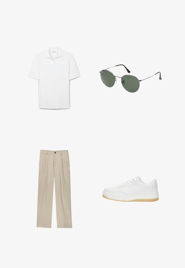 Polo bianco realizzato in cotone testurizzato, con colletto classico, maniche corte e orlo dritto. Design semplice, senza motivi.; Pantaloni beige a taglio dritto, con un solo bottone nero, passanti per la cintura e tasche laterali. Tessuto dalla texture liscia e design minimale.; Sneaker bianco in pelle con finitura testurizzata, dotata di suola in gomma, design con lacci e sottili accenti a strisce sui lati.; Occhiali da sole con montatura in metallo e lenti verdi ovali. Montatura sottile in metallo argento e terminali neri. Design minimalista, senza loghi visibili.