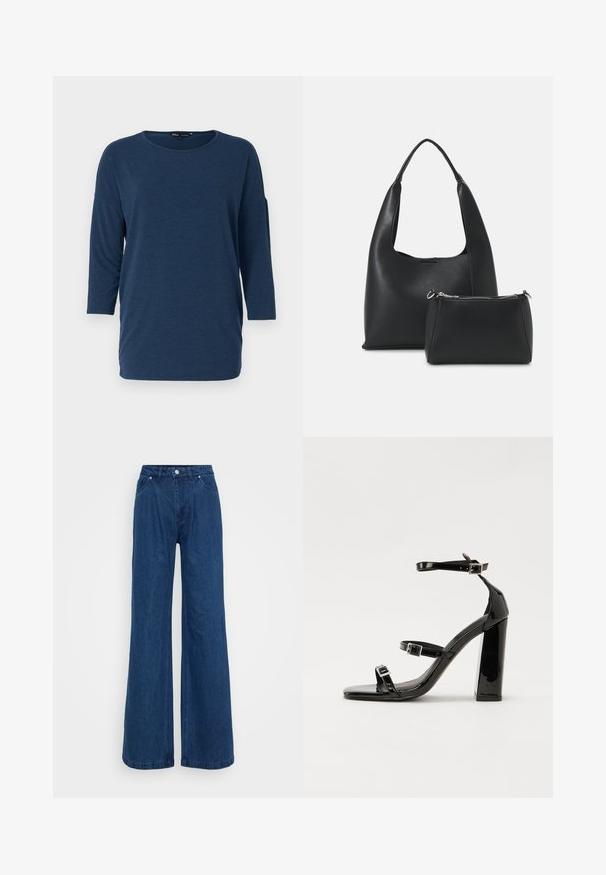 Σκούρο μπλε μπλούζα με μακριά μανίκια, στρογγυλή λαιμόκοψη και άνετη γραμμή. Μαλακό, υφασμάτινο ύφασμα με υφή; διαθέτει πλαϊνές σχισμές στο τελείωμα για περισσότερη άνεση.; Φαρδιά τζιν παντελόνια με ψηλή μέση, κλείσιμο με κουμπί και φερμουάρ μπροστά, και μπροστινές και πίσω τσέπες σε ουδέτερο φόντο.; Μαύρες πατέντες σανδάλια με τακούνι, τετράγωνη μύτη, ιμάντες αστραγάλου και ασημένιες πόρπες. Διαθέτουν χοντρό μπλοκ τακούνι για σταθερότητα.; Even&Odd Τσάντα χειρός - black