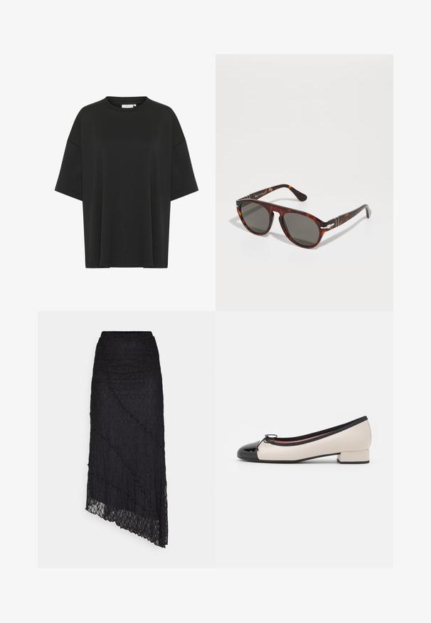 Black oversized t-shirt made of smooth fabric, featuring a crew neckline, short sleeves, and a straight hemline without embellishments.; ONLY ONLKIM LACE SKIRT - Maxi skirt - black; Ballet flats with a black patent leather toe cap, cream leather body, and small block heel. Features a black ribbon bow detail.; Tortoiseshell sunglasses with gray lenses. Smooth plastic frame, rounded shape, metal accents on the temples. Light reflective surface.
