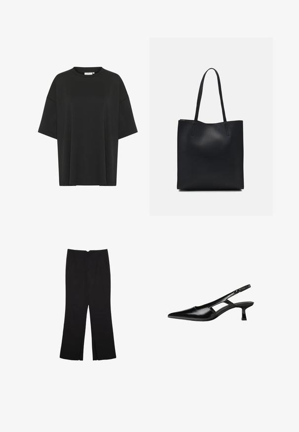 Czarny, oversize t-shirt wykonany z gładkiego materiału, z okrągłym dekoltem, krótkimi rękawami i prostym dołem bez ozdób.; Czarne spodnie o prostym kroju, z przednimi kieszeniami i bocznymi rozcięciami na dole. Wykonane z miękkiego, gładkiego materiału. Odpowiednie na różne okazje.; Czarne lakierowane czółenka na odkrytej pięcie z wąskim noskiem, z wykrojem po bokach i małym kwadratowym obcasem. Gładka faktura z minimalnymi akcentami.; Czarna skórzana torba tote o gładkiej fakturze, prostokątnym kształcie i dwóch długich uchwytach. Brak widocznych elementów metalowych i ozdób.