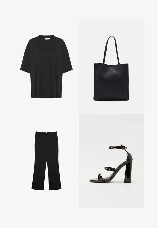 Črna prevelika majica z gladkim materialom, s krožnim izrezom, kratkimi rokavi in ravnim robom brez okrasnih elementov.; Črne hlače ravnega kroja z naglavnimi žepi in stranskimi razporki na robu. Narejene iz mehke, gladke tkanine. Primerne za različne priložnosti.; Črne lakirane sandale s peto, kvadratnim prstom, trakovi okrog gležnja in srebrnimi zaponkami. Opremljene so s stabilno Debelo peto.; Črna usnjena torba s svilnato teksturo, pravokotne oblike in dvema dolgima ročajema. Brez vidnih metalnih delov ali okrasnih elementov.