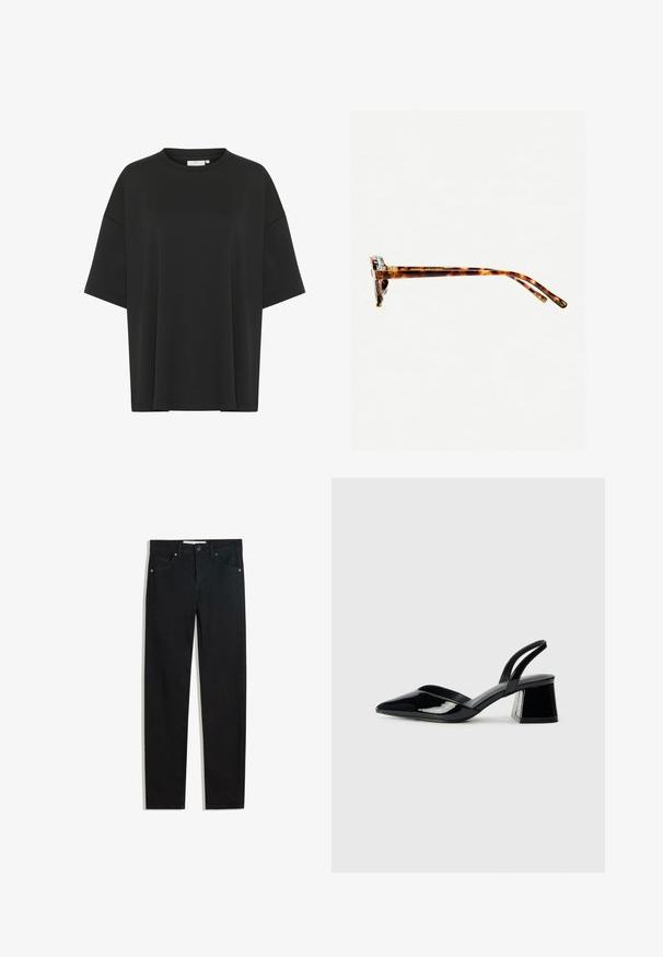 Fekete, nagy méretű póló sima anyagból, kerek nyakkivágással, rövid ujjakkal és díszítés nélküli egyenes szegéllyel.; Fekete farmernadrág egyenes szárú fazonnal, öt zsebbel, fémből készült gombzárral és diszkrét varrási részletekkel. Sima textura.; Fekete lakk bőr szandálkés magas sarkú cipő, hegyes orral és geometrikus tömbsarkakkal. Karcsú, minimalista dizájn és sima textúra jellemzi.; Teknőc mintás napszemüveg vastag kerettel, enyhén ívelt oldalakkal és sima felülettel. Klasszikus dizájn jellemzi, fényes kivitelben.