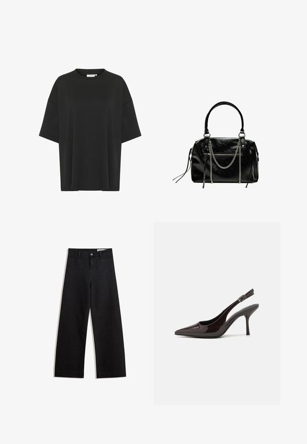 Black oversized t-shirt made of smooth fabric, featuring a crew neckline, short sleeves, and a straight hemline without embellishments.; Black wide-leg denim pants with a high waist, featuring front and back pockets, stitched seams, and a button closure. Smooth texture.; Slingback high-heeled shoe in glossy dark brown patent leather, pointed toe, open sides, and adjustable ankle strap.; Bershka WITH CHAIN - Handbag - black