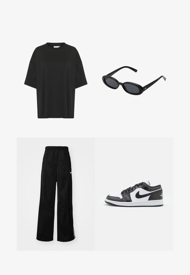 T-shirt nera oversize realizzata in tessuto morbido, con scollatura rotonda, maniche corte e orlo dritto senza decorazioni.; Pantaloni da tuta neri a gamba larga con vita elasticizzata, caratterizzati da strisce laterali bianche e un piccolo logo sull'anca sinistra. Tessuto liscio.; Le sneaker Nike a basso profilo in bianco e nero presentano una tomaia in pelle liscia, punta rotonda, chiusura con lacci e una suola in gomma con un motivo.; Occhiali da sole neri oversize con lenti ovali, montatura in plastica liscia e accenti dorati sulle tempie. Le lenti scure offrono protezione dal sole.