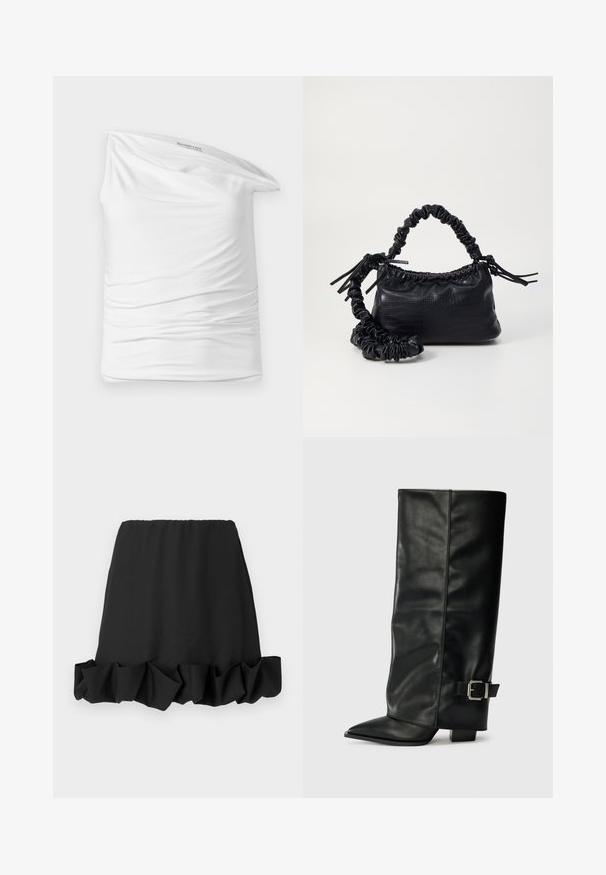 Bílý top na jedno rameno vyrobený z měkké, elastické látky s nařasením na boku. Má volný, splývavý design a štítek na výstřihu.; Černá sukně s volánkovým lemem, vyrobená z lehké látky. Obsahuje elastický pas pro pohodlné nošení. Jednoduchý a univerzální design.; Černé kožené kotníkové boty až po kotníky s špičatou špičkou, hladkým povrchem a stříbrnou sponou na boku. Masivní čtveritý podpatek.; Černá kabelka z umělé kůže s krokodýlím vzorem, staženým vrškem a zmačkaným popruhem. Zdá se, že má měkký a kompaktní design.