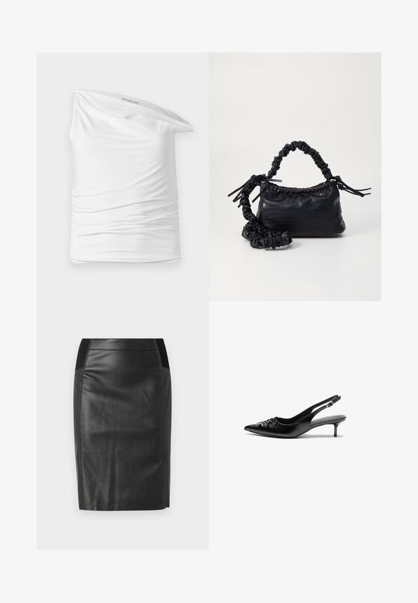 Haut blanc à une épaule en tissu doux et extensible avec un ruché sur le côté. Présente un design décontracté drapé et une étiquette dans l'encolure.; Jupe crayon en cuir noir avec une coupe ajustée, texture lisse et accents de ceinture élastique de chaque côté. Ourlet plat en bas.; Escarpins slingback en cuir noir avec bout pointu, petit talon kitten et détail froncé sur le cou-de-pied. Texture lisse et design minimaliste.; Sac à main en simili cuir noir avec une texture crocodile, un dessus resserré et une sangle froncée. A l'apparence douce et compacte.