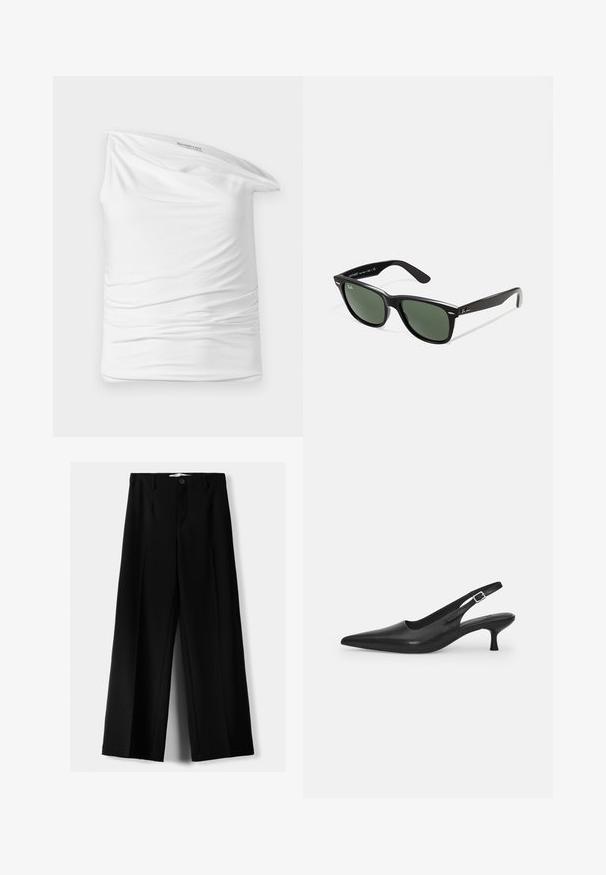 Haut blanc à une épaule en tissu doux et extensible avec un ruché sur le côté. Présente un design décontracté drapé et une étiquette dans l'encolure.; Pantalons larges noirs en tissu léger, avec une fermeture à bouton à l'avant et un devant plat, dotés d'ourlets soigneusement cousus.; Chaussure slingback en cuir noir avec un bout pointu et un talon fin et incurvé. Dispose d'une sangle ajustable discrète avec une boucle en métal.; Lunettes de soleil en plastique noir avec verres verts, monture carrée, accent argenté sur le sourcil et branches texturées. Marque indiquée sur l'intérieur de la branche.