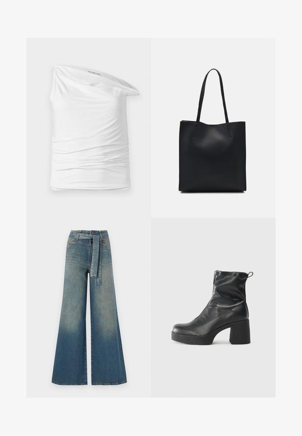 White one-shoulder top made of soft, stretchy fabric with ruching on the side. Features a casual, draped design and a tag in the neckline.; Wide-leg denim trousers featuring a light to dark blue gradient, high waist, belt loops, and a matching fabric belt. Textured denim finish.; Black ankle boots made of smooth leather, featuring a side zipper, chunky textured heel, and rounded toe design.; Black leather tote bag with smooth texture, rectangular shape, and two long handles. No visible hardware or embellishments.