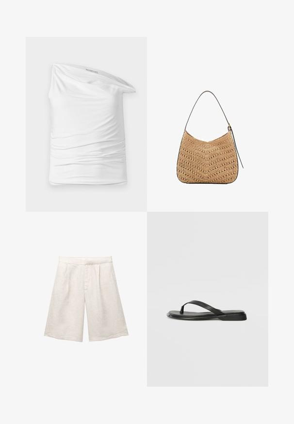 Top bianco a spalla unica realizzato in tessuto morbido ed elastico, con arricciature sul lato. Caratterizzato da un design casual e drappeggiato e un'etichetta nel colletto.; Pantaloni corti in lino beige con gamba larga, caratterizzati da pince frontali e una cintura liscia. Il tessuto ha una finitura leggermente testurizzata.; Infradito neri in pelle liscia, con un design a fascia sottile e una suola piatta dal profilo minimale. Nessun motivo o accento particolare.; Borsa a spalla in paglia intrecciata con forma curva, dotata di una tracolla in pelle scura e superficie testurizzata con motivo a zigzag.