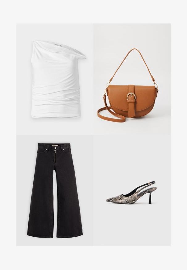 Witte top met één schouder van zacht, rekbaar materiaal met rimpelingen aan de zijkant. Heeft een casual, gedrapeerd ontwerp en een label in de halslijn.; Wijdvallende jeans van zwarte denim met een ritssluiting aan de voorkant, vijf zakken en subtiele stikdetails. Soepele textuur en casual stijl.; Puntige slingback schoenen van textuur leer met slangenprint, met een slanke zwarte hak en een uitgesneden ontwerp aan de zijkanten.; Bruine leren schoudertas met een gebogen vorm, gouden hardware en een gespaccent. Bevat een afneembare schouderriem.