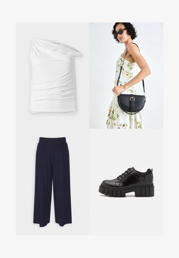 Top bianco a spalla unica realizzato in tessuto morbido ed elastico, con arricciature sul lato. Caratterizzato da un design casual e drappeggiato e un'etichetta nel colletto.; Pantaloni a gamba larga in tessuto navy scuro con una texture a coste. Presentano una vita liscia e una silhouette fluida, che arriva a metà polpaccio.; Scarpe platform in pelle nera con tacco a blocco robusto, punta rotonda e design tradizionale con lacci. Presentano una superficie liscia e dettagli minimi.; Borsa a tracolla nera in pelle con una forma curva, manico rimovibile e accessori dorati. La borsa presenta una patta con un dettaglio a fibbia.