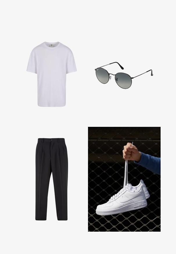Balta kokvilnas T-kreklā ar apaļu kaklu, īsām piedurknēm un brīvu piegriezumu. Gluda tekstūra, bez rakstiem un minimālistisks dizains.; Melni brīvie bikses ar krokotu priekšpusi, izgatavotas no gludas auduma. Iespējama poga aizdare un jostas cilpas; taisnu kāju forma.; Baltas ādas sporta apavi ar perforācijām, apaļu purngali, plakanu zoli un biezām šņorēm, ar redzamu swoosh logo un vārdu "AIR" uz papēža.; Melnās metāla saulesbrilles ar apaļām pakāpeniskām lēcām, kurām ir plānas kājiņas un caurspīdīgas deguna spilventiņi, nodrošinot ērtu valkāšanu.