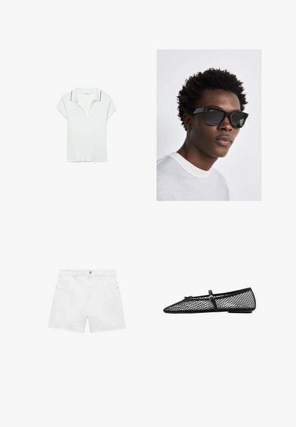 Polo shirt bianco a maniche corte con texture a coste, scollo a V e profilo nero a contrasto lungo il colletto. Vestibilità regolare e tessuto morbido.; Shorts in denim bianco con un design a quattro tasche, dotati di chiusura frontale con bottone e zip, mostrati su uno sfondo semplice.; Ballerina nera in rete con punta affusolata, cinghia decorativa e accento sottile. Presenta un design a rete aperta e suola piatta.; Occhiali da sole Ray-Ban neri con montatura quadrata, lenti scure e dettagli in metallo argentato. Il modello indossa un maglione grigio chiaro a girocollo.; Borsa a mano in pelle nera con forma arrotondata, superficie texture, dettagli in metallo dorato e chiusura a zip. Logo visibile nella parte inferiore.