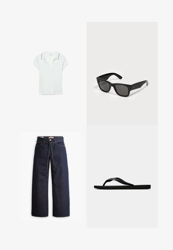 Weißes Poloshirt mit kurzen Ärmeln, gerippter Textur, V-Ausschnitt und kontrastierendem schwarzen Besatz am Kragen. Reguläre Passform und glattes Material.; Weite, dunkelblaue Jeans aus Denim mit hoher Taille, ausgestattet mit einem Kordelzug, fünf Taschen und kontrastierenden Nähdetails.; Schwarze Gummi-Flip-Flop-Sandale mit einem strukturierten Riemen und einfacher flacher Sohle, von der Seite auf einem schlichten hellen Hintergrund dargestellt.; Schwarze Sonnenbrille mit quadratischem Rahmen, ausgestattet mit dunklen Gläsern. Akzentuiert mit kleinen goldfarbenen Punkten und einem goldenen Logo an den Bügeln. Weiße Oberfläche.