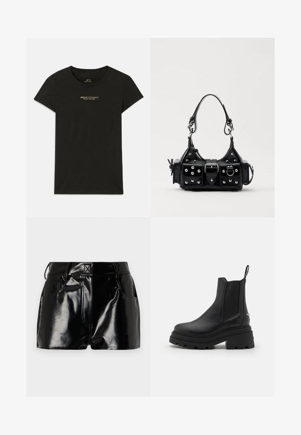Čierne tričko s krátkym rukávom od Armani Exchange s nápisom "Armani Exchange Milano / New York" tlačeným malými béžovými písmenami na hrudi.; Čierne lesklé šortky vyrobené z syntetického materiálu. Majú priliehavý pás, pútka na opasok a predné vrecká s výraznými švovými detailmi.; Čierne chelsea čižmy vyrobené z hladkej kože s elastickými bočnými panelmi, hrubou, ryhovanou gumovou podrážkou a pútkom vzadu.; Čierna kožená kabelka s zakriveným dizajnom, doplnená striebornými cvočkami, prackou a dvoma bočnými vreckami. Nastaviteľný popruh poskytuje rôzne možnosti nosenia.