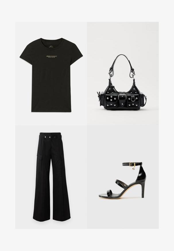 Svart kortärmad T-shirt från Armani Exchange med "Armani Exchange Milano / New York" tryckt i små beige bokstäver på bröstet.; Svarta vida byxor med hög midja, med stora sidofickor, två framknappar och en ögla. Tillverkade av kraftigt tyg.; Svart lackskinnsandaler med tre remmar, ankelspänne och 10 cm stilettklack. Har detaljer i guldmetall och logokaraktär.; Svart läderhandväska med en kurvad design, prydd med silverfärgade nitar, ett spänne och två sidofickor. Justerbar rem för olika bäralternativ.