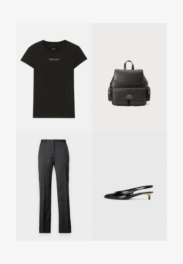 Čierne tričko s krátkym rukávom od Armani Exchange s nápisom "Armani Exchange Milano / New York" tlačeným malými béžovými písmenami na hrudi.; Prispôsobené čierne nohavice z hladkej tkaniny. Majú rovný strih, plochý predok a jemné prešívanie.; Čierne slingback lodičky s ostrou špicou, lesklým koženým povrchom a malým podpätkom s zlatým doplnkom. Elegantný dizajn s otvorenou zadnou časťou.; Čierny kožený batoh s klopou, prednou kapsou, bočnými zipsovými vreckami a hornou rukoväťou. Obsahuje detaily loga na prednej strane.