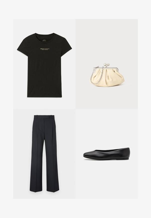 Sort kortærmet Armani Exchange T-shirt med "Armani Exchange Milano / New York" trykt i små beige bogstaver på brystet.; Mørkeblå stribede bukser med høj talje, vidde bendesign og ingen synlig hardware eller dekorationer. Glat tekstur og skræddersyet pasform.; Paul Smith TOPANGA - Ballerinasko - black; Plisseret beige læderclutch med en sølvmetalramme, der har to runde dekorative låse og en sølvkædetrasporte.