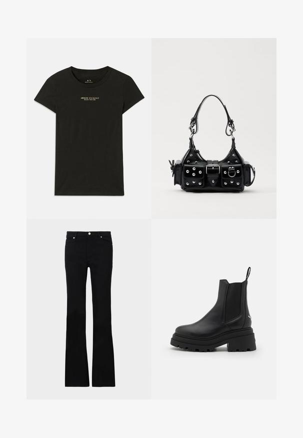 Musta lühiärg Armani Exchange T-särk, mille rinnaosal on väikesed beežid tähed "Armani Exchange Milano / New York".; Mustad teksased, millel on flared lõige, kaks esi-taskut, nööbiga kinnitamine ja sile tekstuur. Tootemärgistus on nähtav õmblustes.; Mustad mustad tumed nahast Chelseas kingad, millel on elastsed külgpaneelid, paks ja sooniline kummitald ning tagaküljel tõmberaam.; Must värvi nahast käekott, millel on kaarjas disain, hõbedased nupukesed, kinnitusahe ja kaks külgtaskut. Reguleeritav rihm erinevate kandmisvõimaluste jaoks.