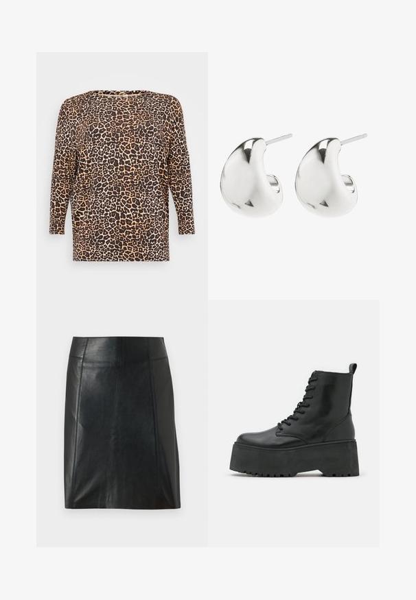 Leopardo rašto ilgas rankovės marškinėliai, turintys laisvą siluetą, apvalų iškirpimą ir minkštą, tekstūruotą audinį rudos ir smėlio spalvų atspalviuose.; Juodas odinis sijonas su prigludusia forma. Sklandžiai tekstūra, siūlės apibrėžiančios formą ir tiesus apvadas. Minimalistiškas ir elegantiškas išvaizda.; Juodos aulinės batai su masyviu platformos padu, pagaminti iš minkštos odos, su raištelių dizainu ir užtrauktuku gale.; Sidabriniai auskarai su glotnia, lenkta forma. Jie turi poliruotą paviršių ir kaištinę užsegimą, kad būtų saugu juos nešioti.